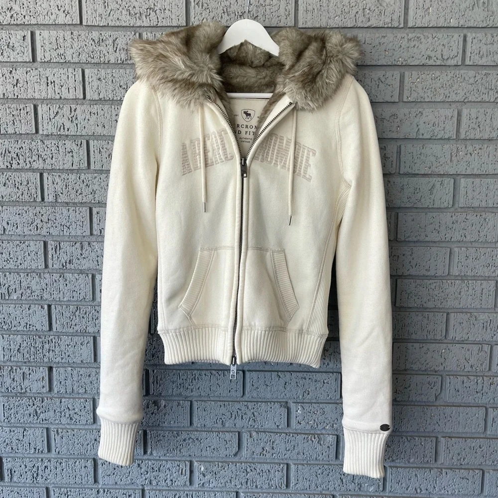 Y2K Abercrombie & Fitch Faux Fur Lined Full Zip Jacket Cream Size Medium RARE - Picture 4 of 10
